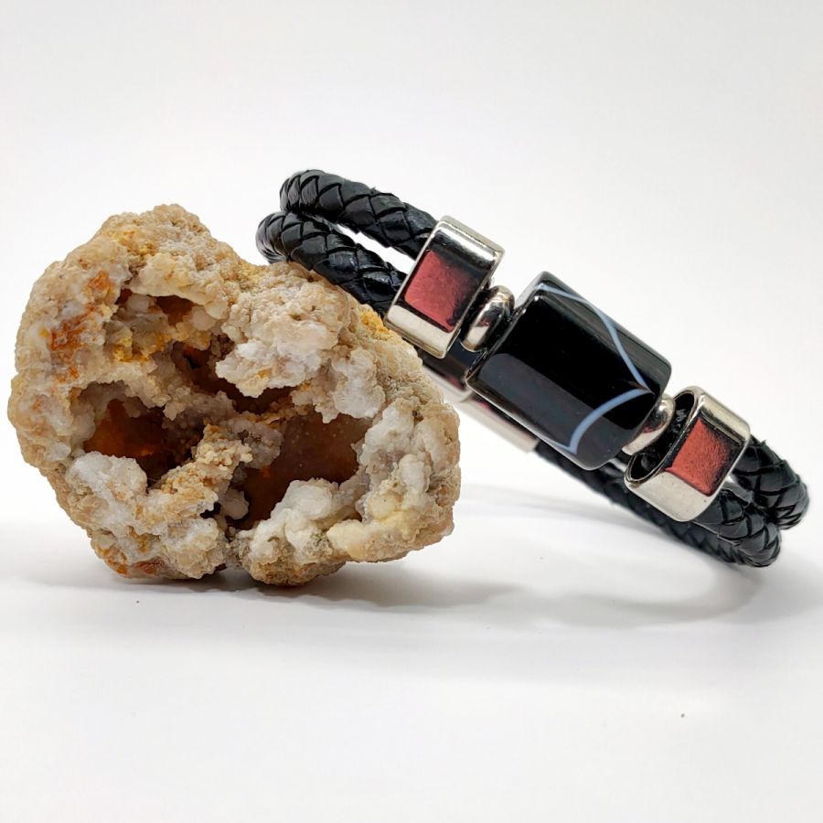 Bracelet pierre d'onyx tonneau sur cuir noir double-rangs pour homme