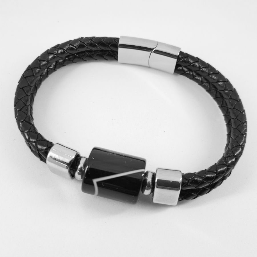 Bracelet pierre d'onyx tonneau sur cuir noir double-rangs pour homme