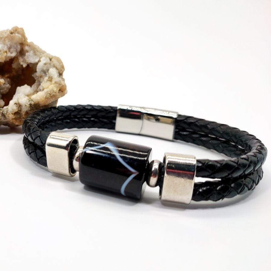 Bracelet pierre d'onyx tonneau sur cuir noir double-rangs pour homme