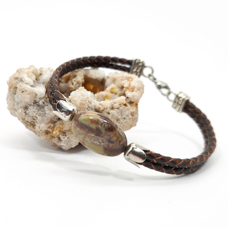 Bracelet pierre palet de jaspe sur cuir marron double-rangs pour homme