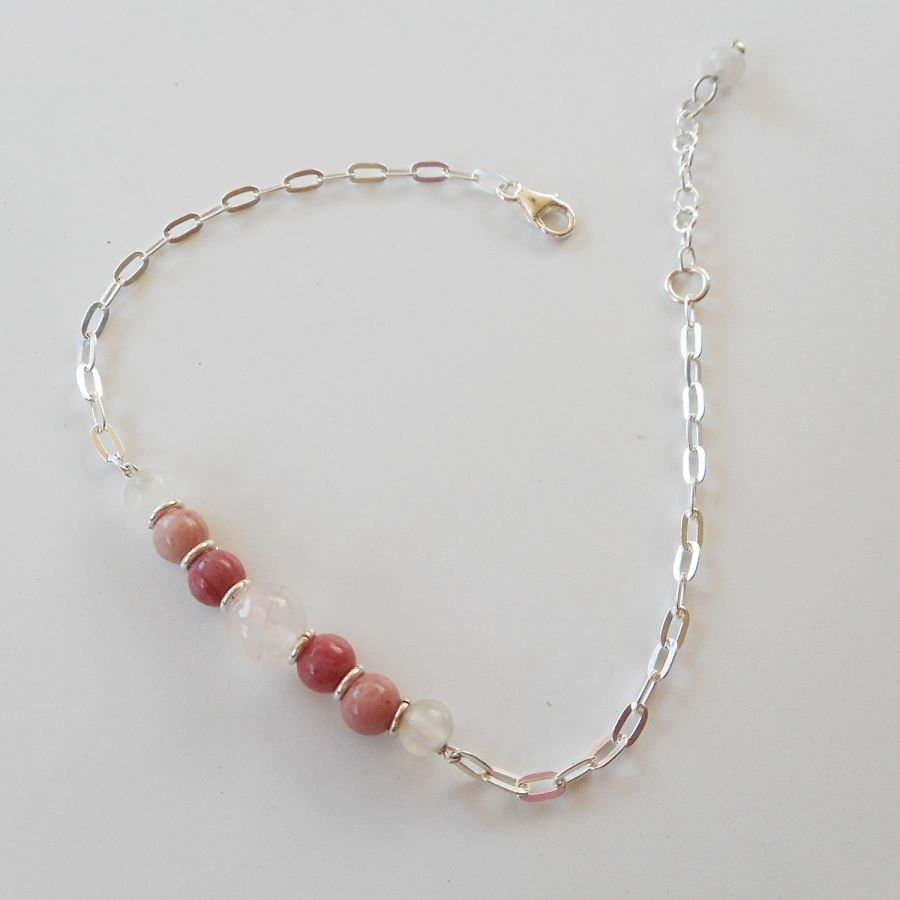 Bracelet en pierre de quartz rose et rhodonite sur chaine argent 925