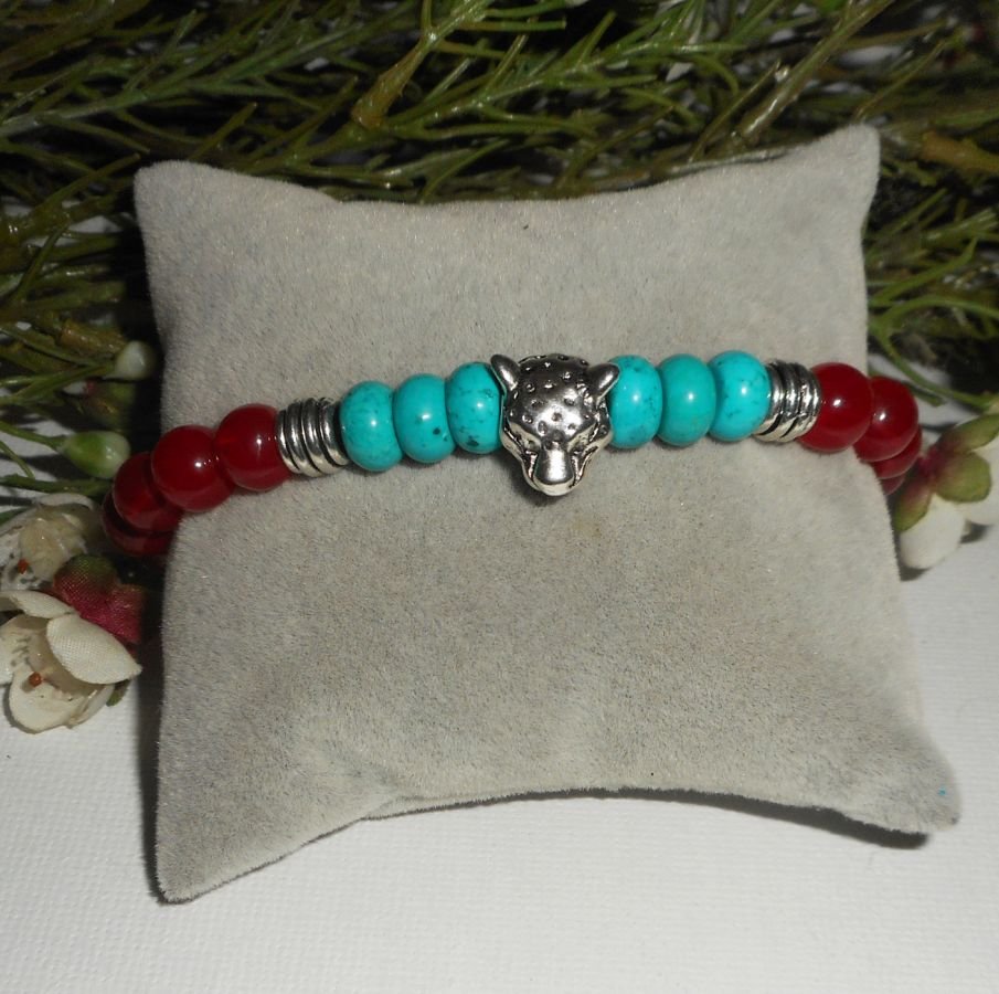 Bracelet pierre turquoise et cornaline avec tête de panthère