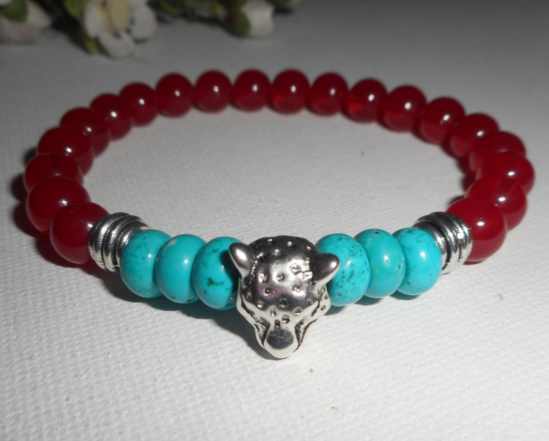 Bracelet pierre turquoise et cornaline avec tête de panthère