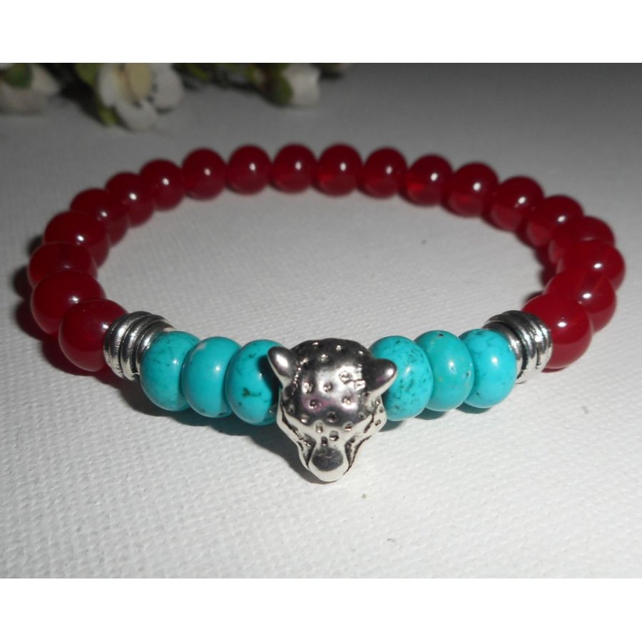 Bracelet pierre turquoise et cornaline avec tête de panthère