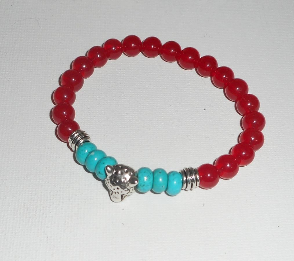 Bracelet pierre turquoise et cornaline avec tête de panthère