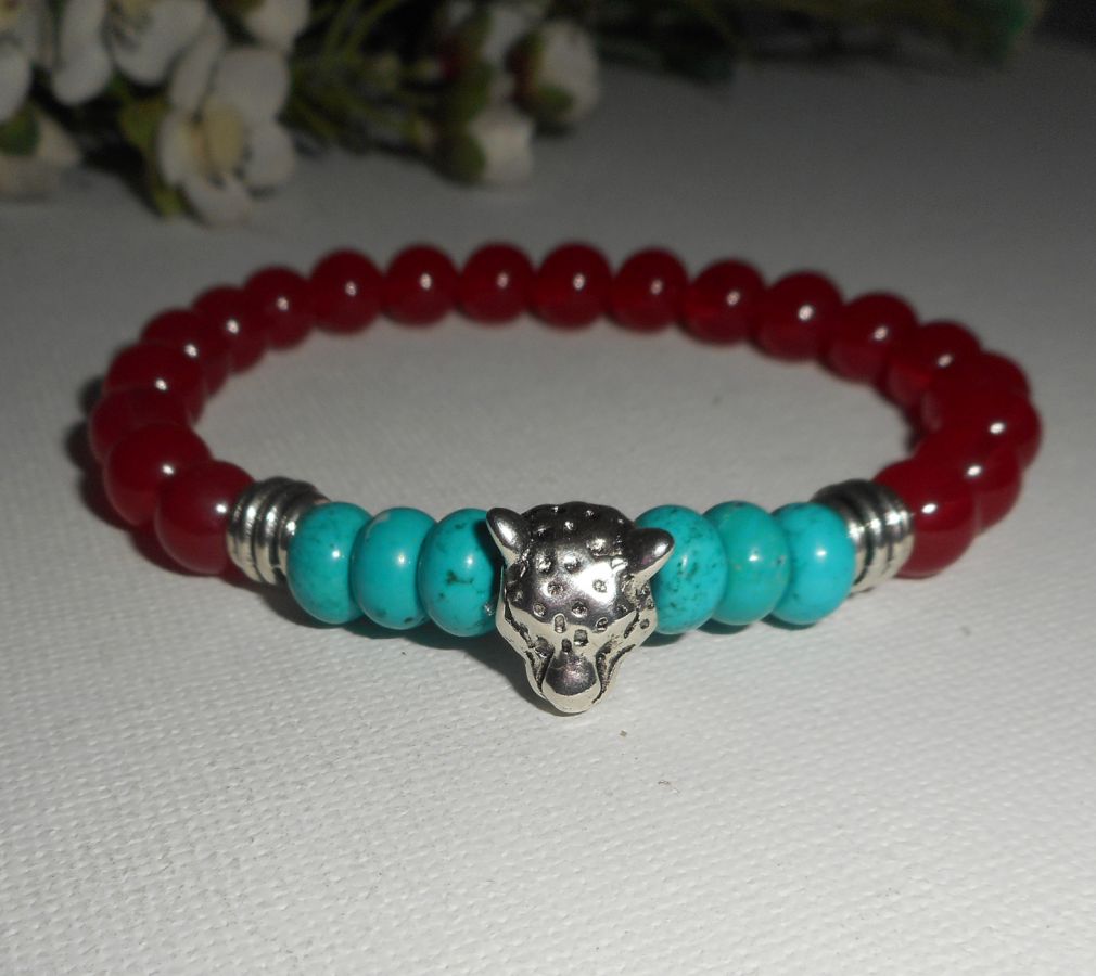 Bracelet pierre turquoise et cornaline avec tête de panthère