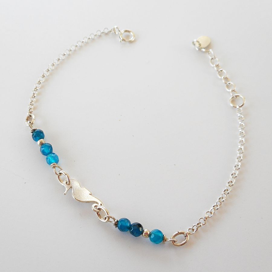 Bracelet pierres en agates bleues avec hippocampe sur chaine argent 925