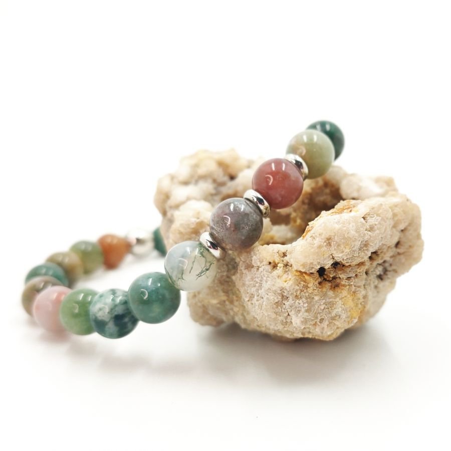 Bracelet en pierres d'agates indiennes et acier inoxydable