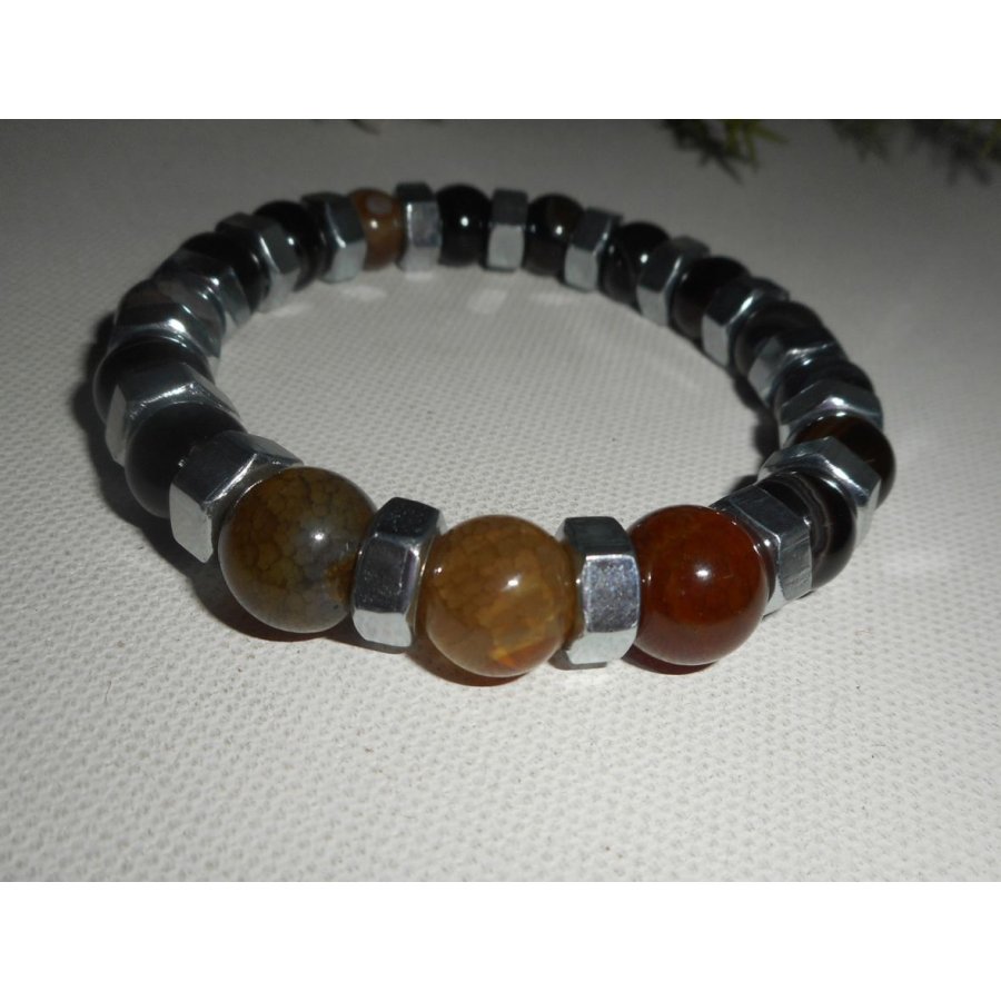 Bracelet en pierres d'agates marrons avec boulons en acier inoxydable