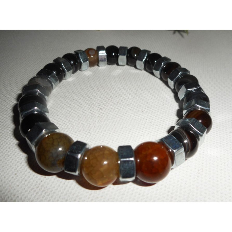 Bracelet en pierres d'agates marrons avec boulons en acier inoxydable