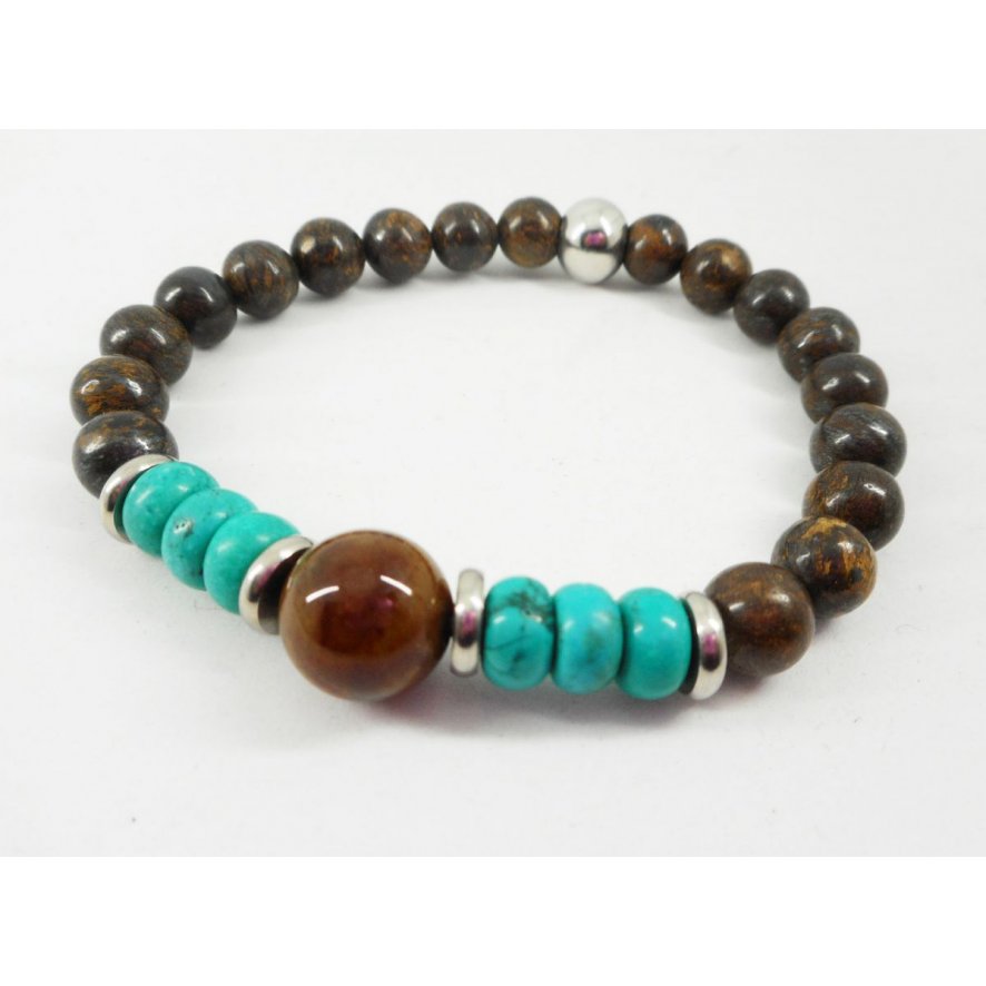 Bracelet en pierres de Bronzite et turquoise avec perles en acier inoxydable