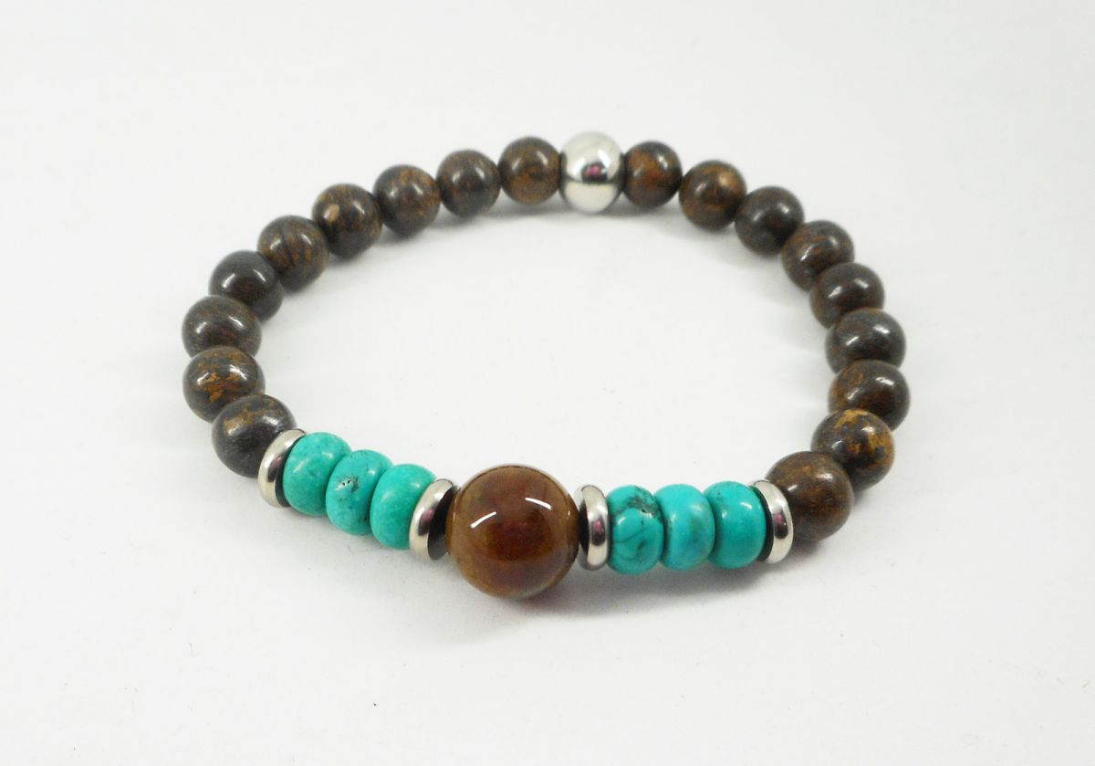 Bracelet en pierres de Bronzite et turquoise avec perles en acier inoxydable