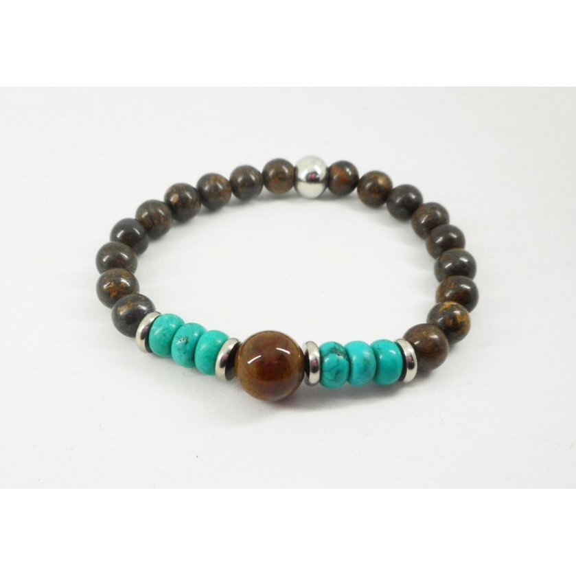 Bracelet en pierres de Bronzite et turquoise avec perles en acier inoxydable