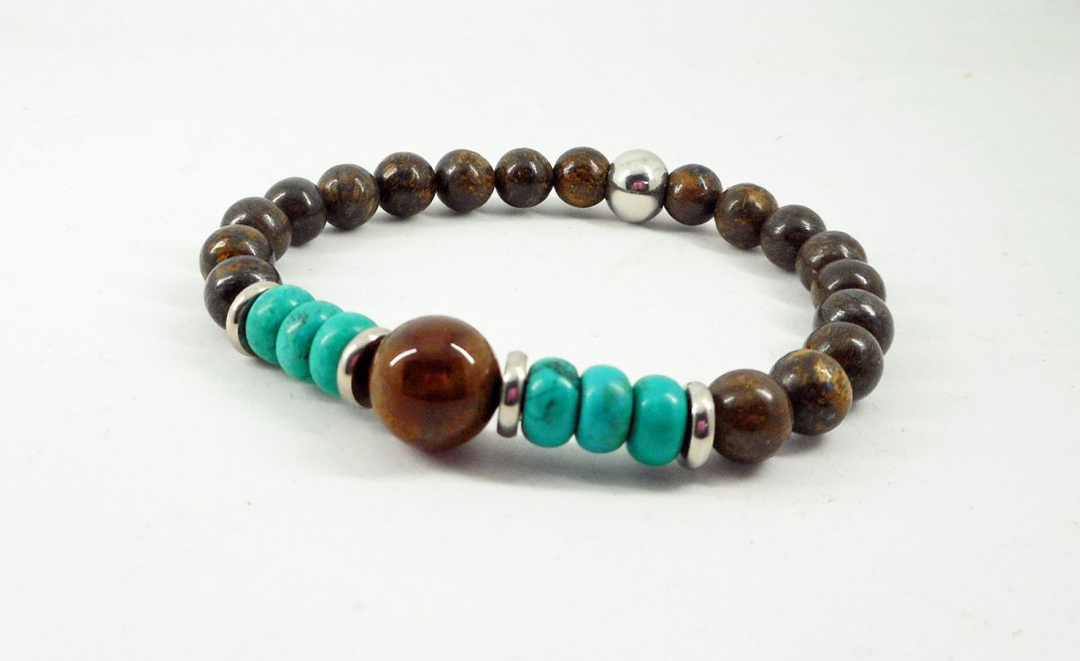 Bracelet en pierres de Bronzite et turquoise avec perles en acier inoxydable