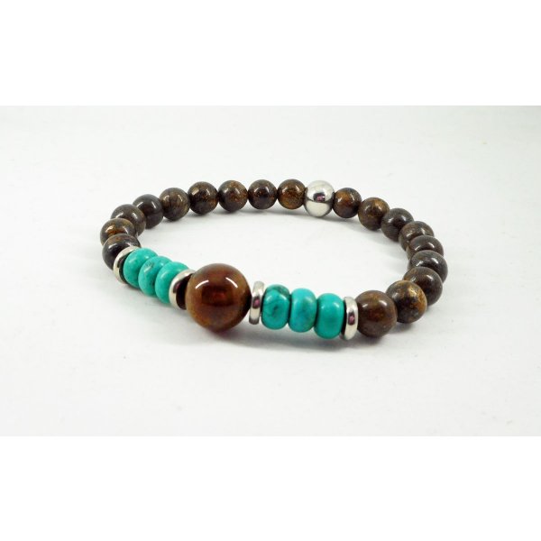 Bracelet en pierres de Bronzite et turquoise avec perles en acier inoxydable