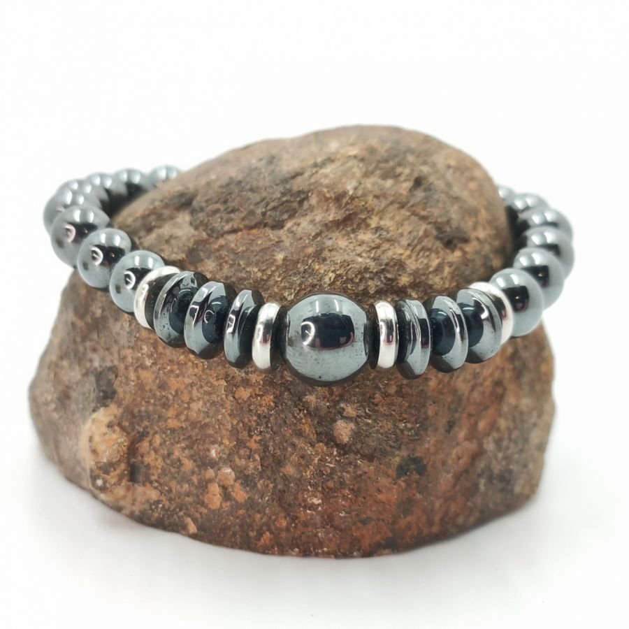 Bracelet en pierres d'hématite gris anthracite et acier inoxydable pour homme