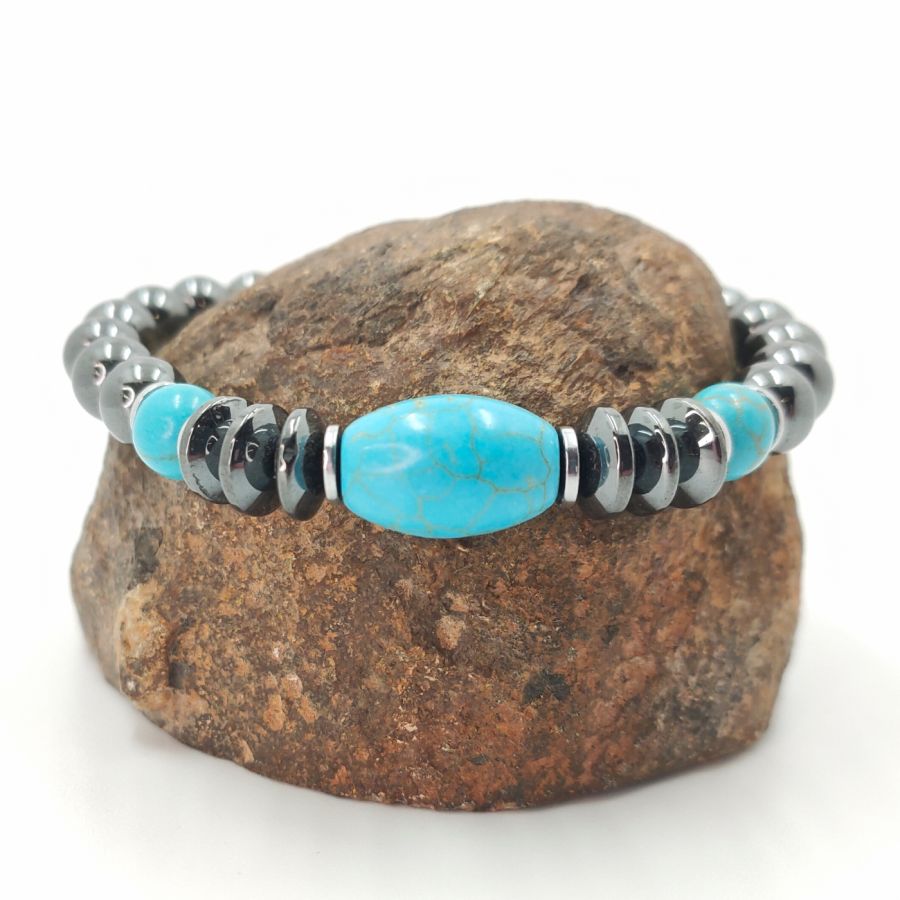 Bracelet en pierres d'hématite gris anthracite et turquenite bleu pour homme