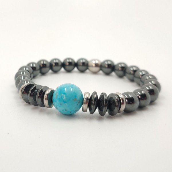 Bracelet en pierres d'hématite gris et amazonite bleu