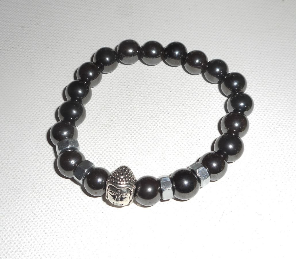 Bracelet en pierres d'hématite et bouddha argent