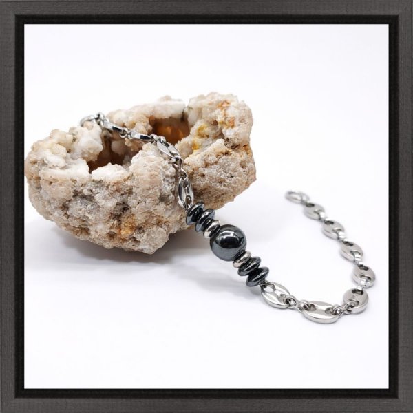 Bracelet pierres en hématite sur chaine grain de café en acier 