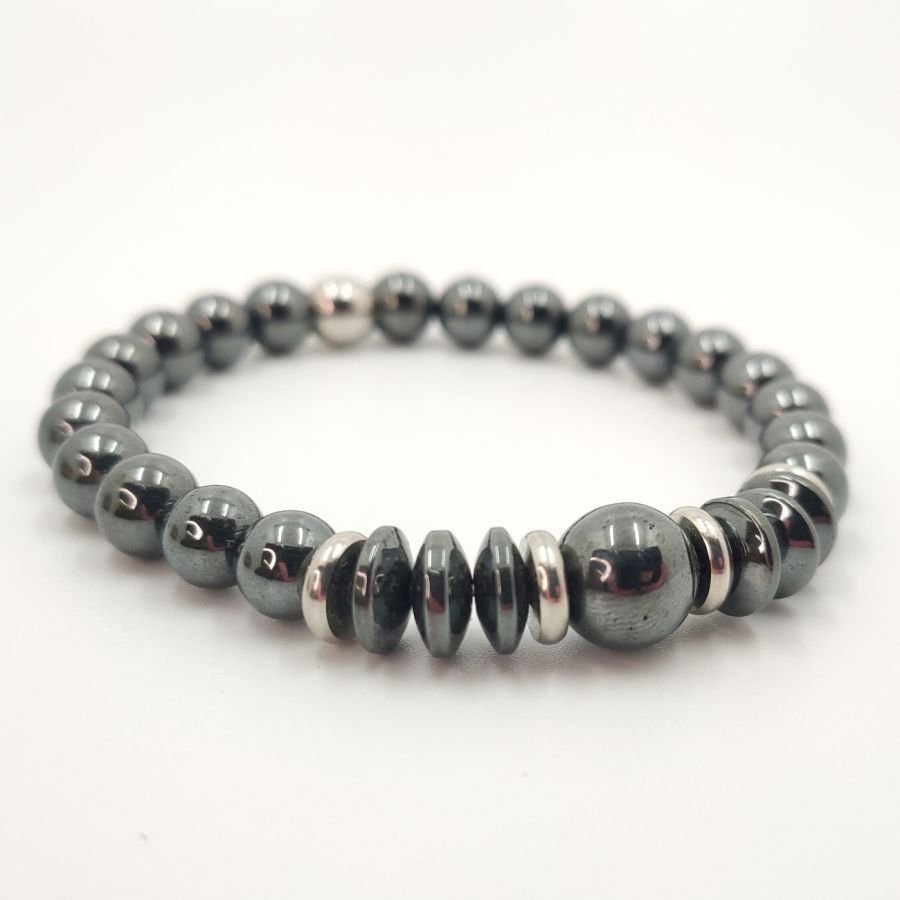 Bracelet en pierres d'hématite gris anthracite et acier inoxydable pour homme