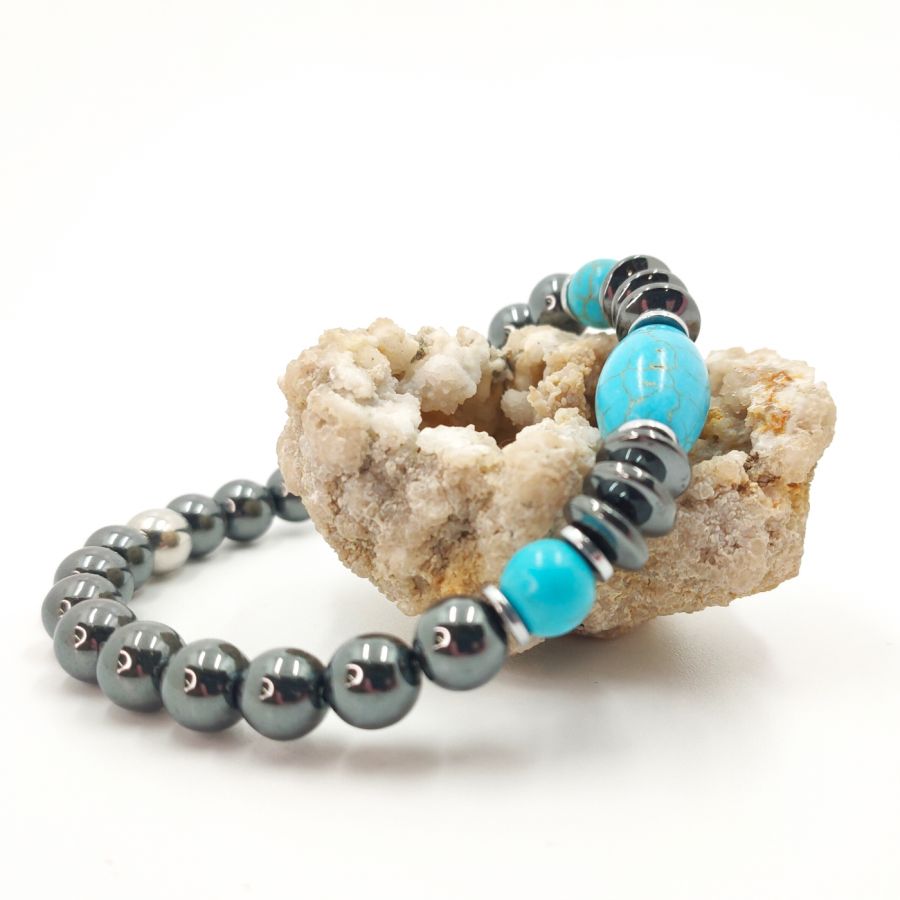 Bracelet en pierres d'hématite gris anthracite et turquenite bleu pour homme