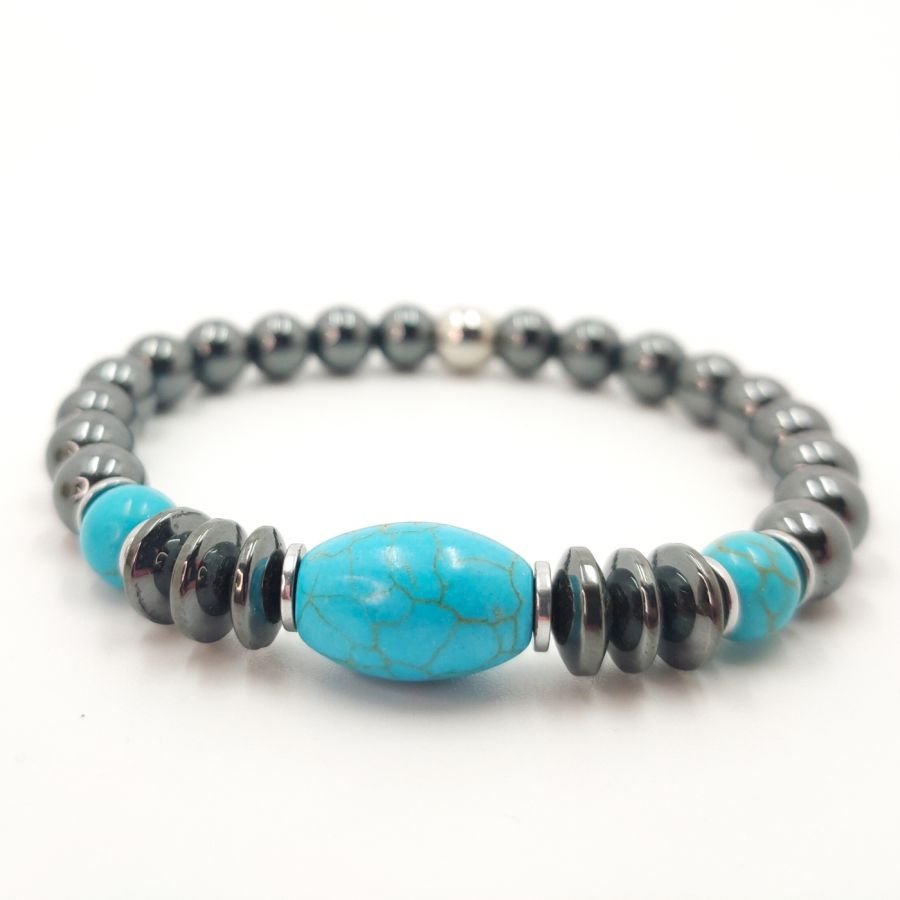 Bracelet en pierres d'hématite gris anthracite et turquenite bleu pour homme