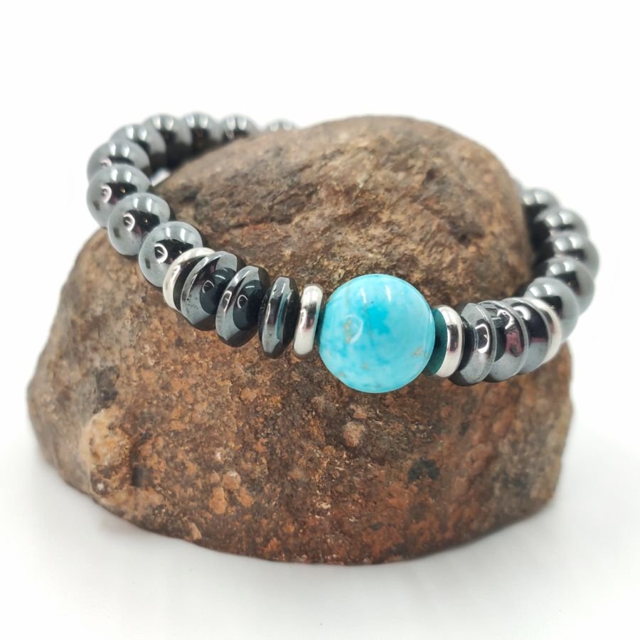 Bracelet en pierres d'hématite gris et amazonite bleu