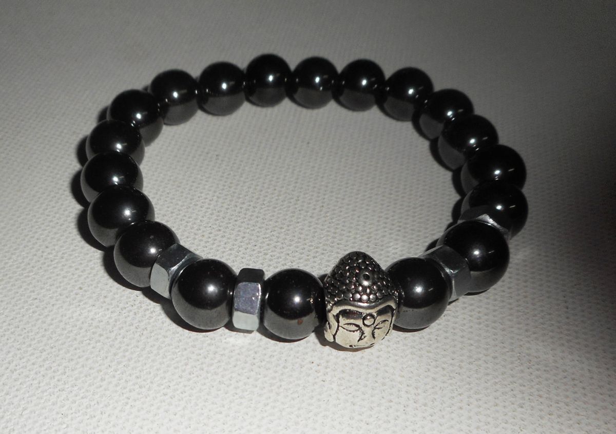 Bracelet en pierres d'hématite et bouddha argent