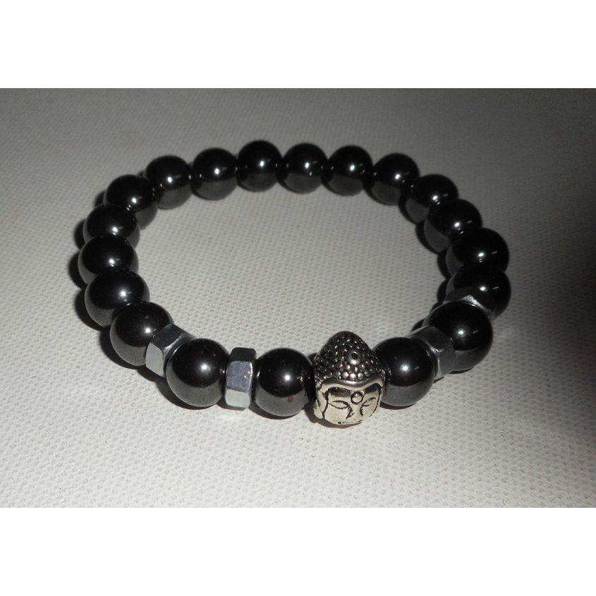 Bracelet en pierres d'hématite et bouddha argent