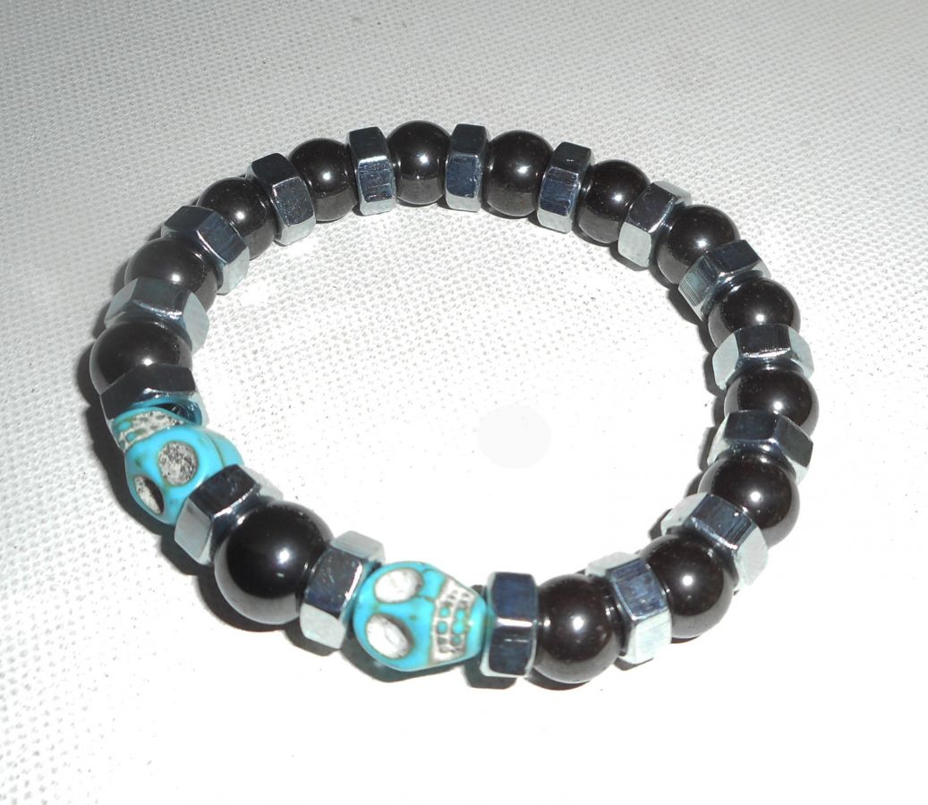 Bracelet en pierres d'hématite avec tête de mort bleu pour homme 