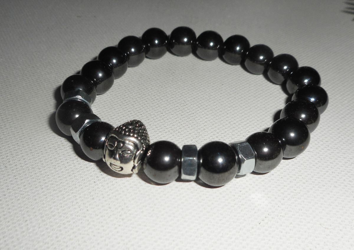 Bracelet en pierres d'hématite et bouddha argent