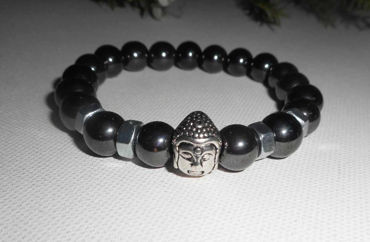 Bracelet en pierres d'hématite et bouddha argent