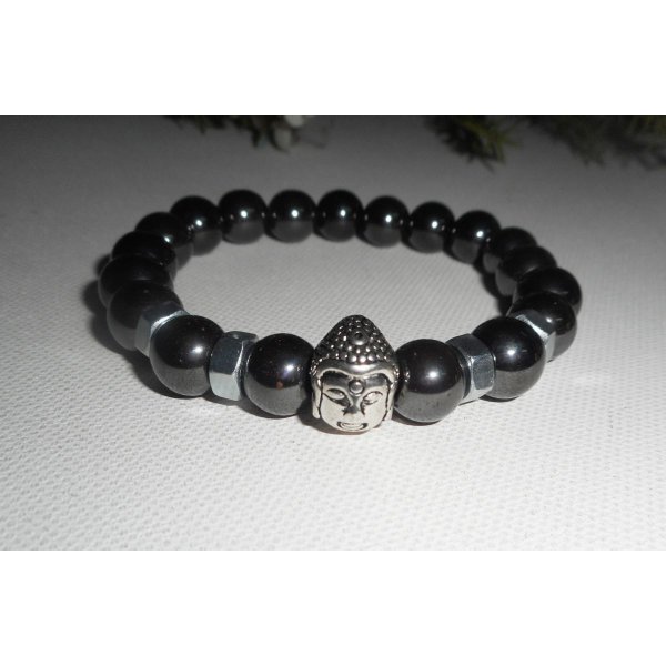 Bracelet en pierres d'hématite et bouddha argent