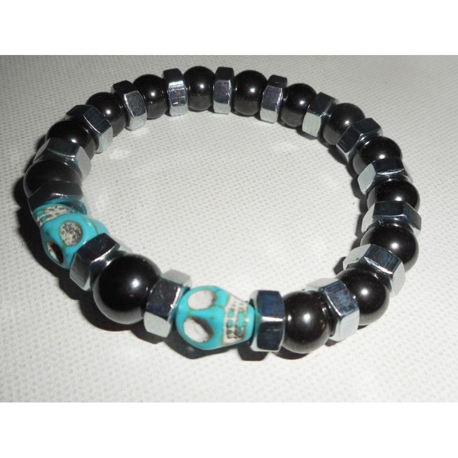 Bracelet en pierres d'hématite avec tête de mort bleu pour homme 