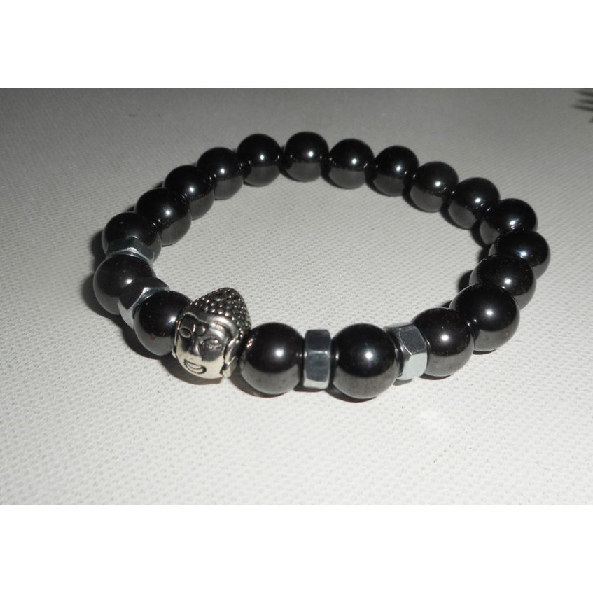 Bracelet en pierres d'hématite et bouddha argent