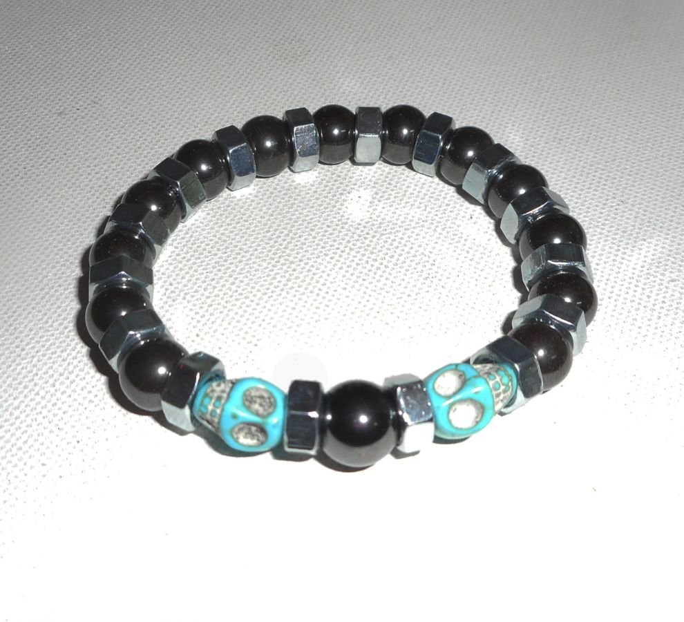 Bracelet en pierres d'hématite avec tête de mort bleu pour homme 