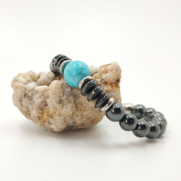 Bracelet en pierres d'hématite gris et amazonite bleu