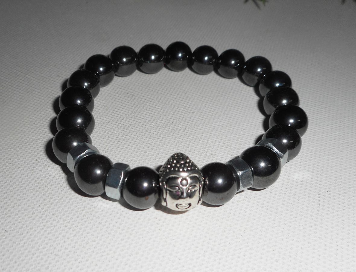 Bracelet en pierres d'hématite et bouddha argent