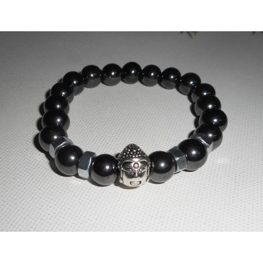 Bracelet en pierres d'hématite et bouddha argent