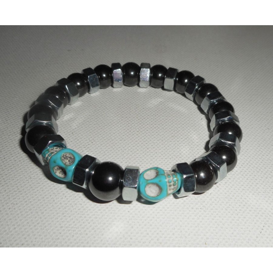 Bracelet en pierres d'hématite avec tête de mort bleu pour homme 