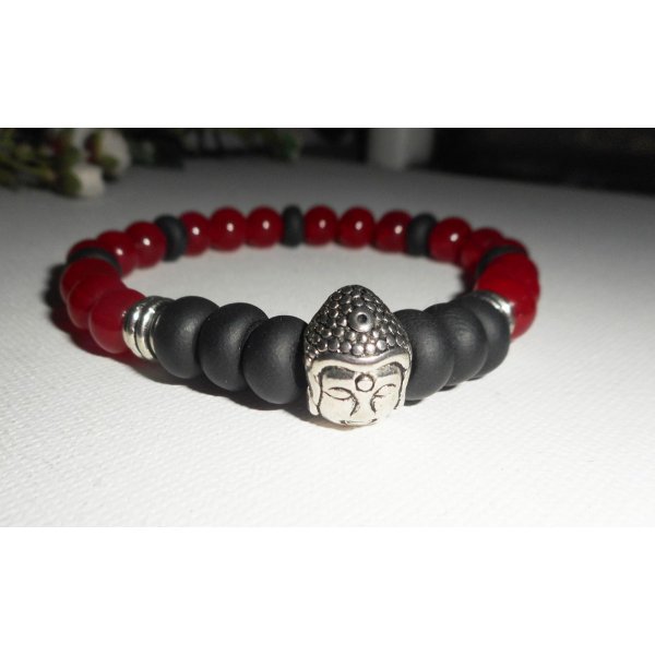 Bracelet en pierres de jade rouge et argile noir avec bouddha argent