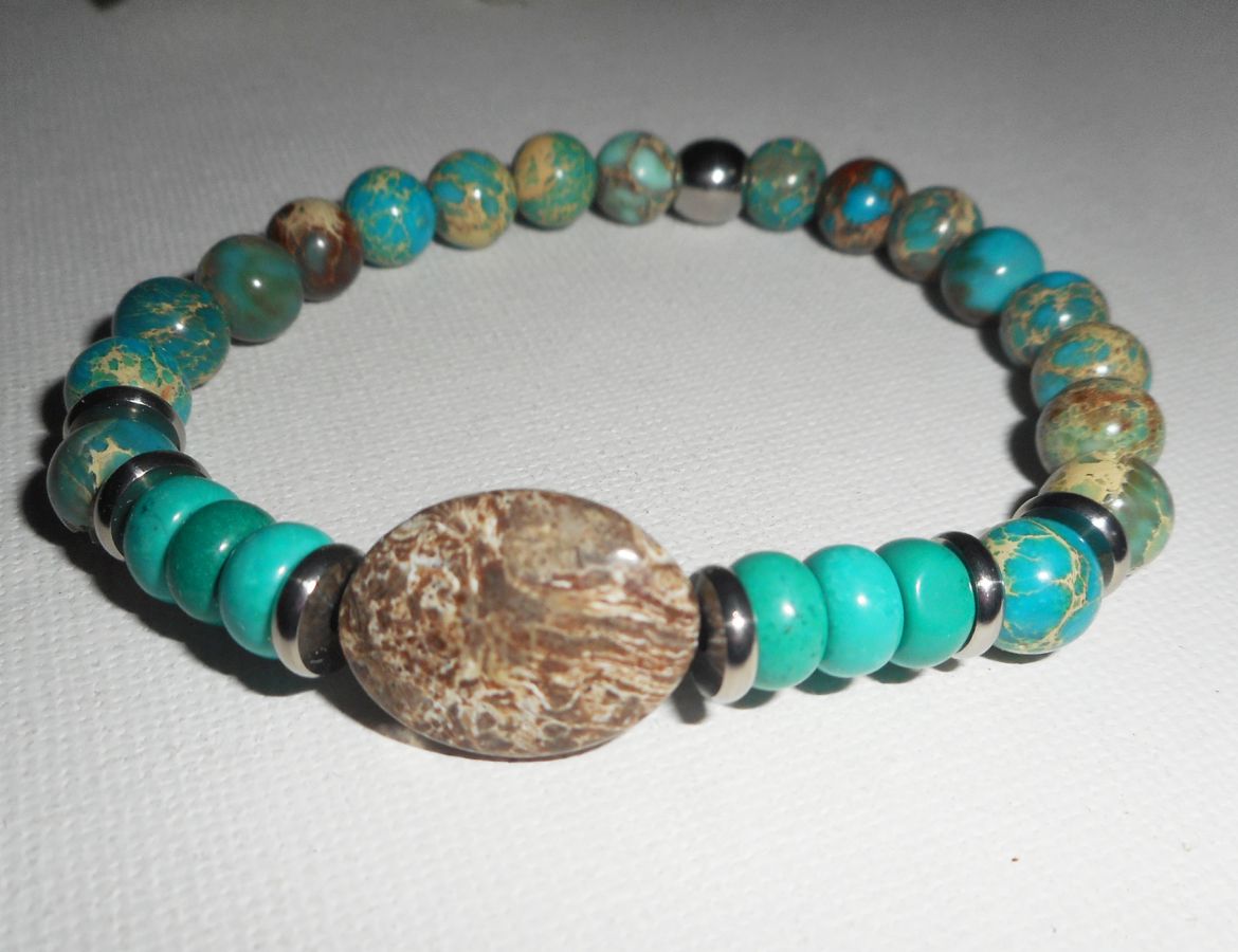 Bracelet en pierres de jaspe et turquoise avec perles en acier inoxydable