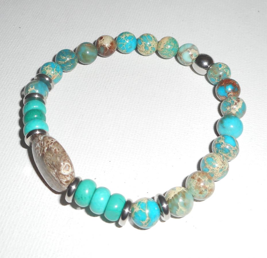 Bracelet en pierres de jaspe et turquoise avec perles en acier inoxydable