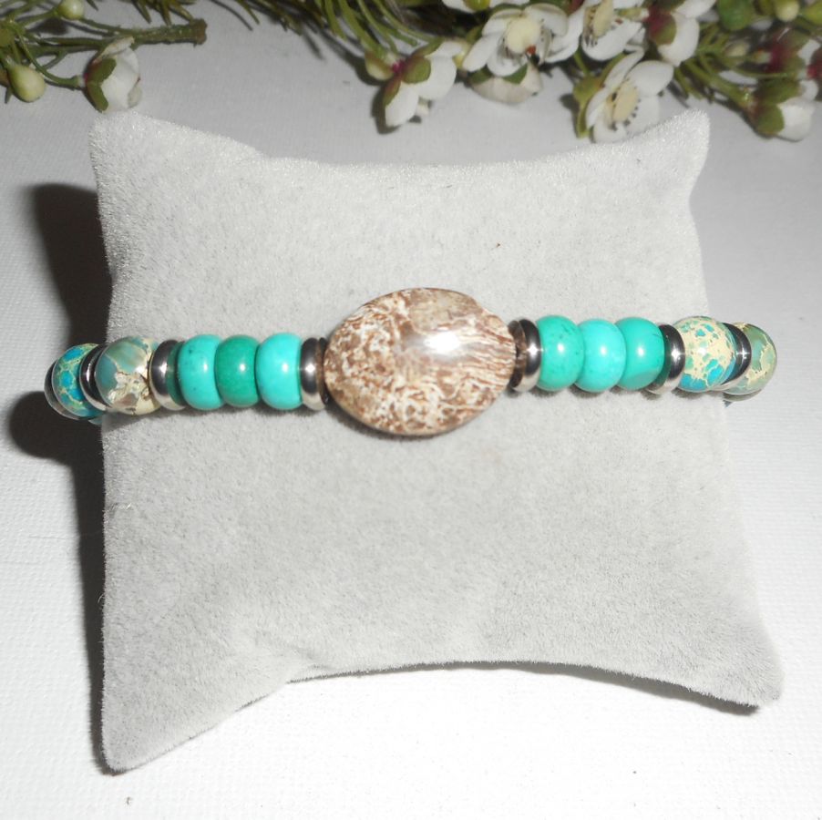 Bracelet en pierres de jaspe et turquoise avec perles en acier inoxydable