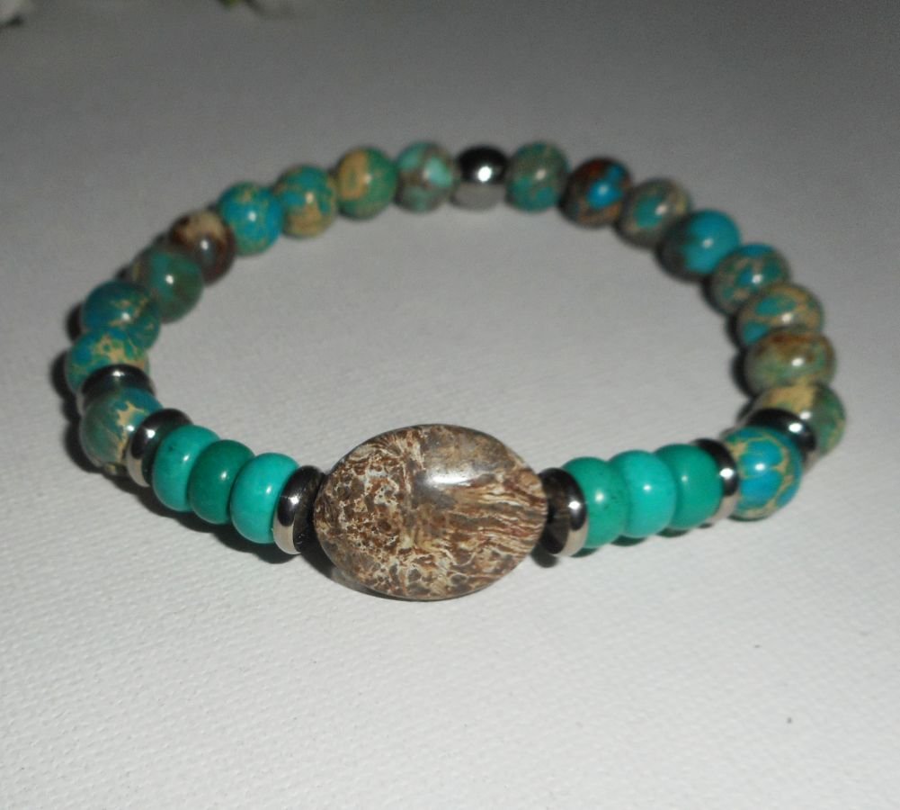 Bracelet en pierres de jaspe et turquoise avec perles en acier inoxydable