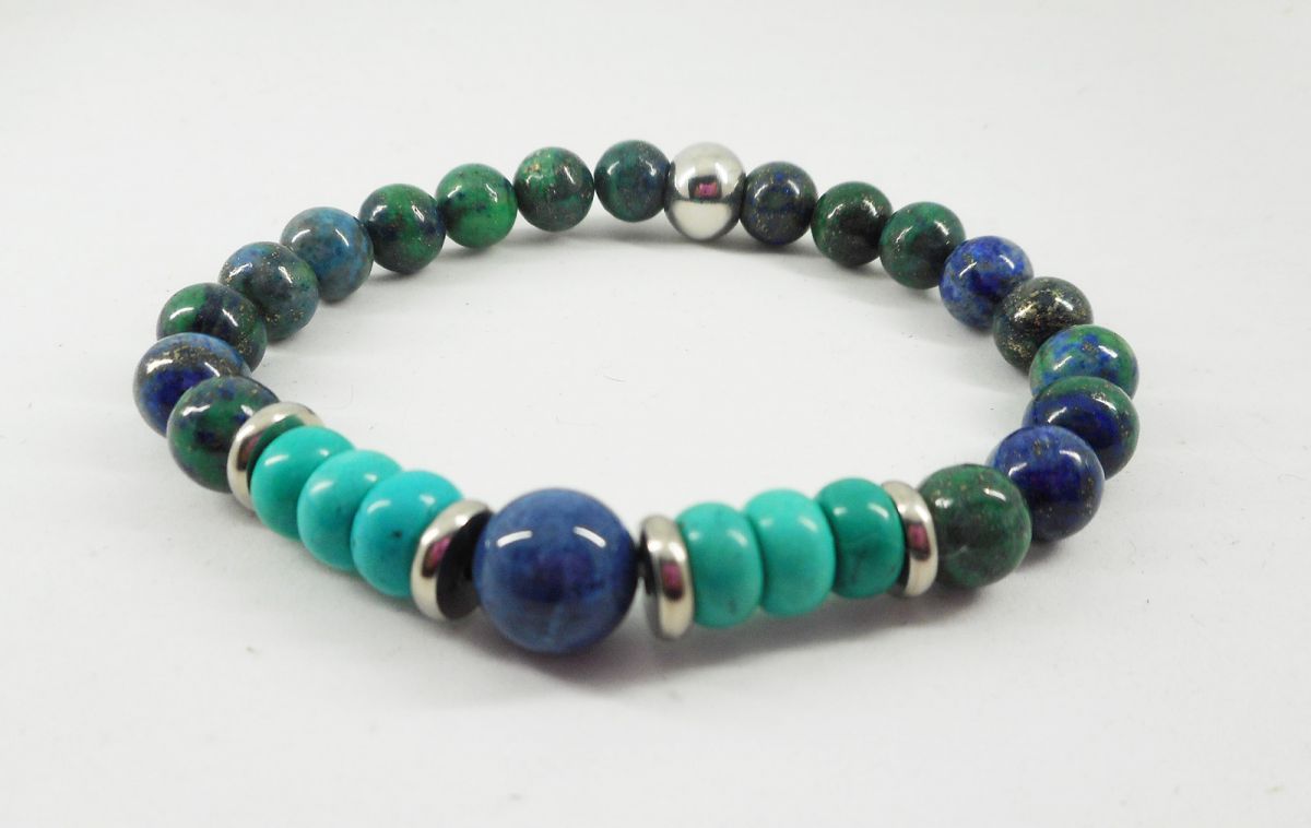 Bracelet en pierres de lapis lazuli et turquoise avec perles en acier inoxydable