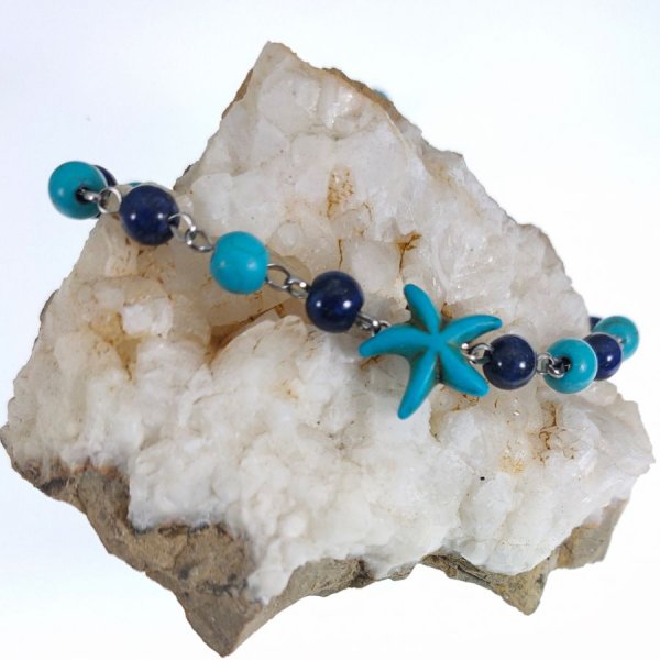 Bracelet en pierres de Lapis et Turquoise avec étoile de mer bleue