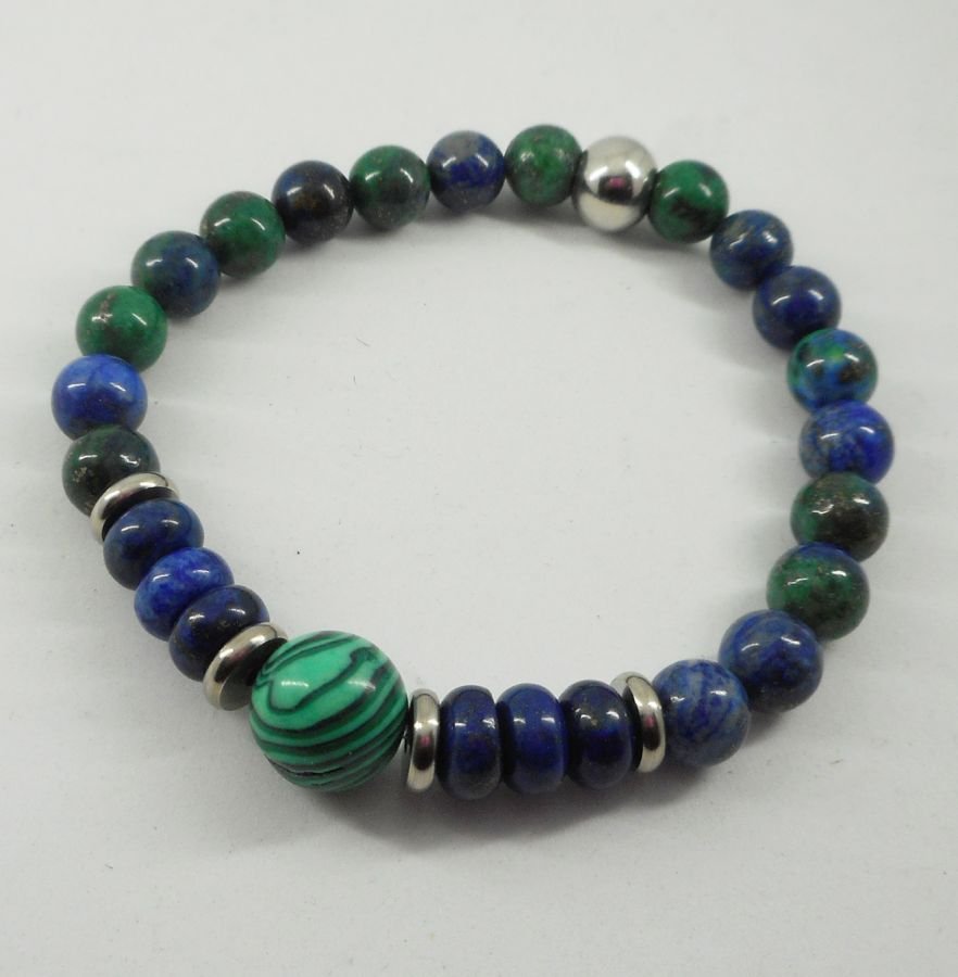 Bracelet en pierres de malachite et Lapis Lazuli avec perles en acier inoxydable