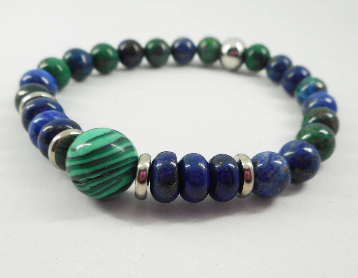 Bracelet en pierres de malachite et Lapis Lazuli avec perles en acier inoxydable